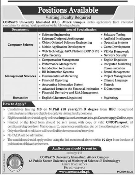 COMSATS Islamabad Looking for Professionals