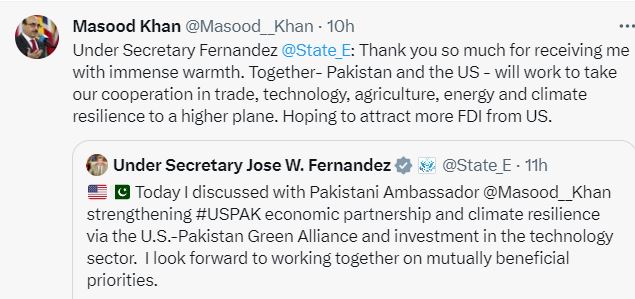 U.S and Pakistan cooperation for agriculture, climate change, energy, trade, technology