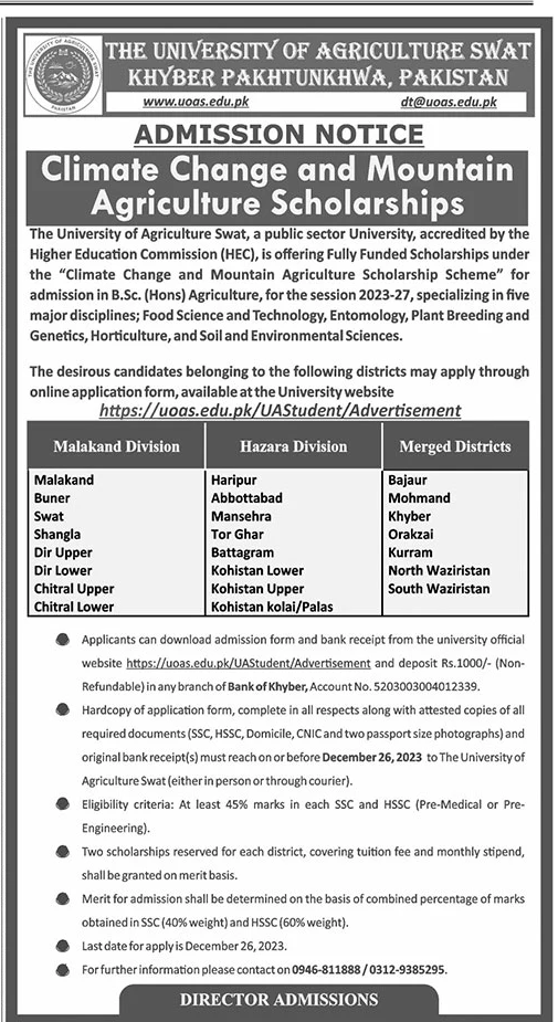 Climate Change and Mountain Agriculture Scholarship by UOAS KPK, Pakistan 2024 VOW101