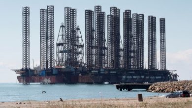 Oil drilling equipment in the Caspian Sea near Baku