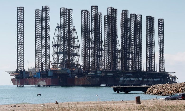 Oil drilling equipment in the Caspian Sea near Baku