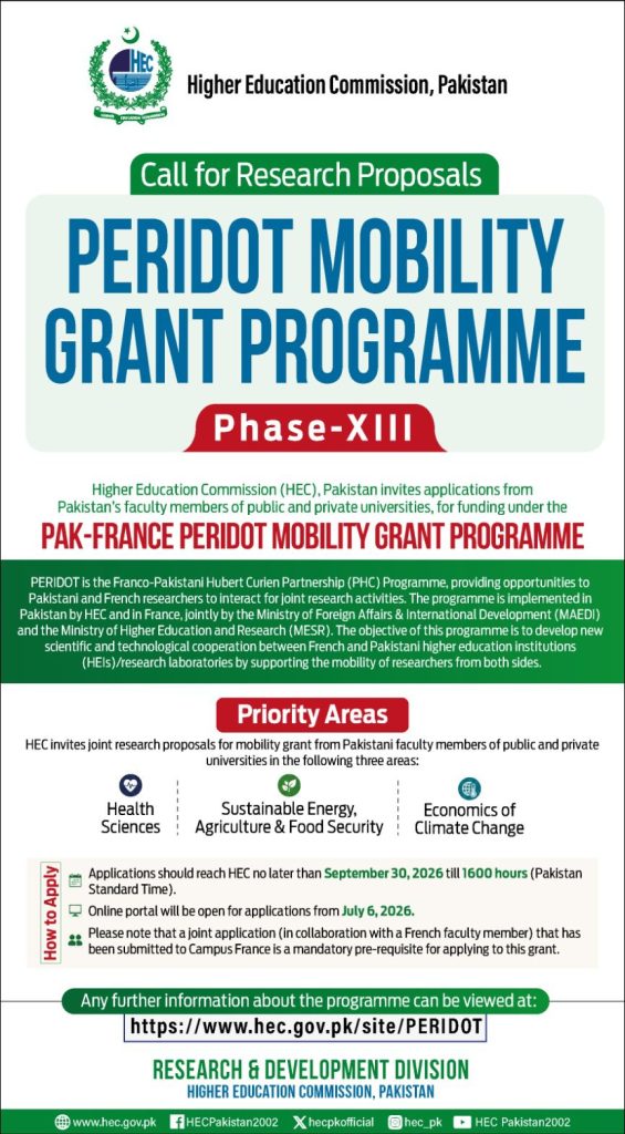 HEC Opens PERIDOT Call for Pakistan-France Research Mobility