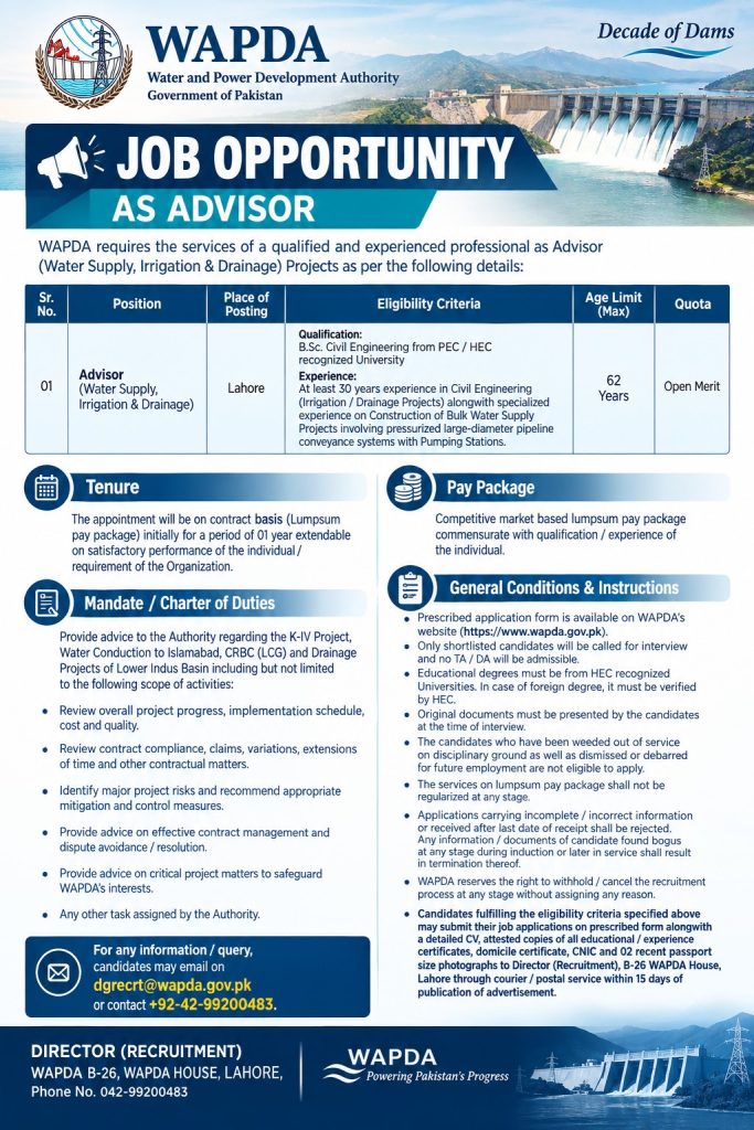 WAPDA Jobs 2026: Advisor Water Supply, Irrigation & Drainage Vacancy in Lahore 1 Job Opportunity as Advisor in Water Body WAPDA of Pakistan 2026