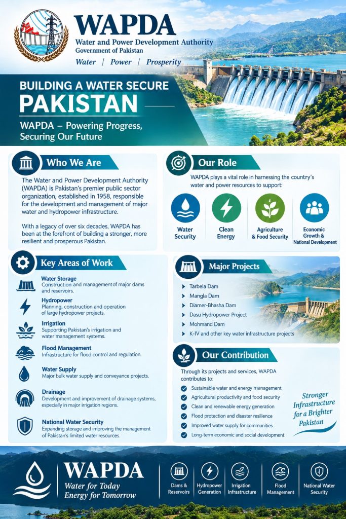 WAPDA Jobs 2026: Advisor Water Supply, Irrigation & Drainage Vacancy in Lahore 2 WAPDA is a principal public sector organization of Pakistan responsible for the development and management of major water and hydropower infrastructure