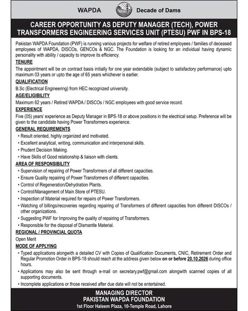 WAPDA Foundation Hires Deputy Manager Tech for PTESU 1 WAPDA Foundation Hires Deputy Manager Tech for PTESU